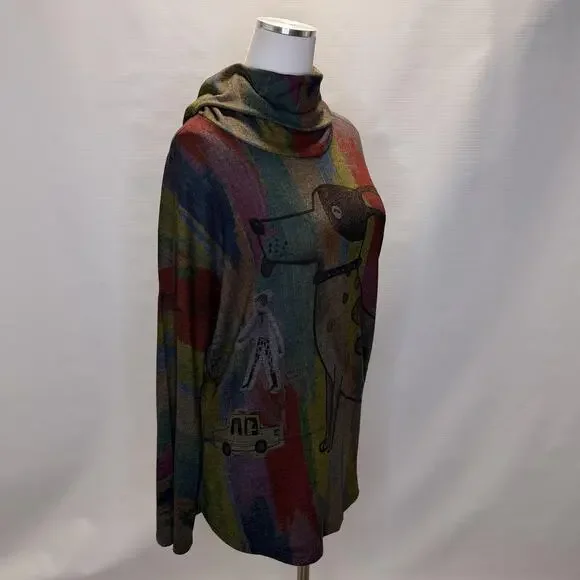 Inoah Shirt Womens Large Multicolor Dog Art Cowl Neck Long Sleeve Tunic Top - Picture 2 of 9